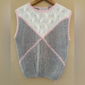 Vintage Chic Knit Sweater Vest in Gray, White, and Pink
